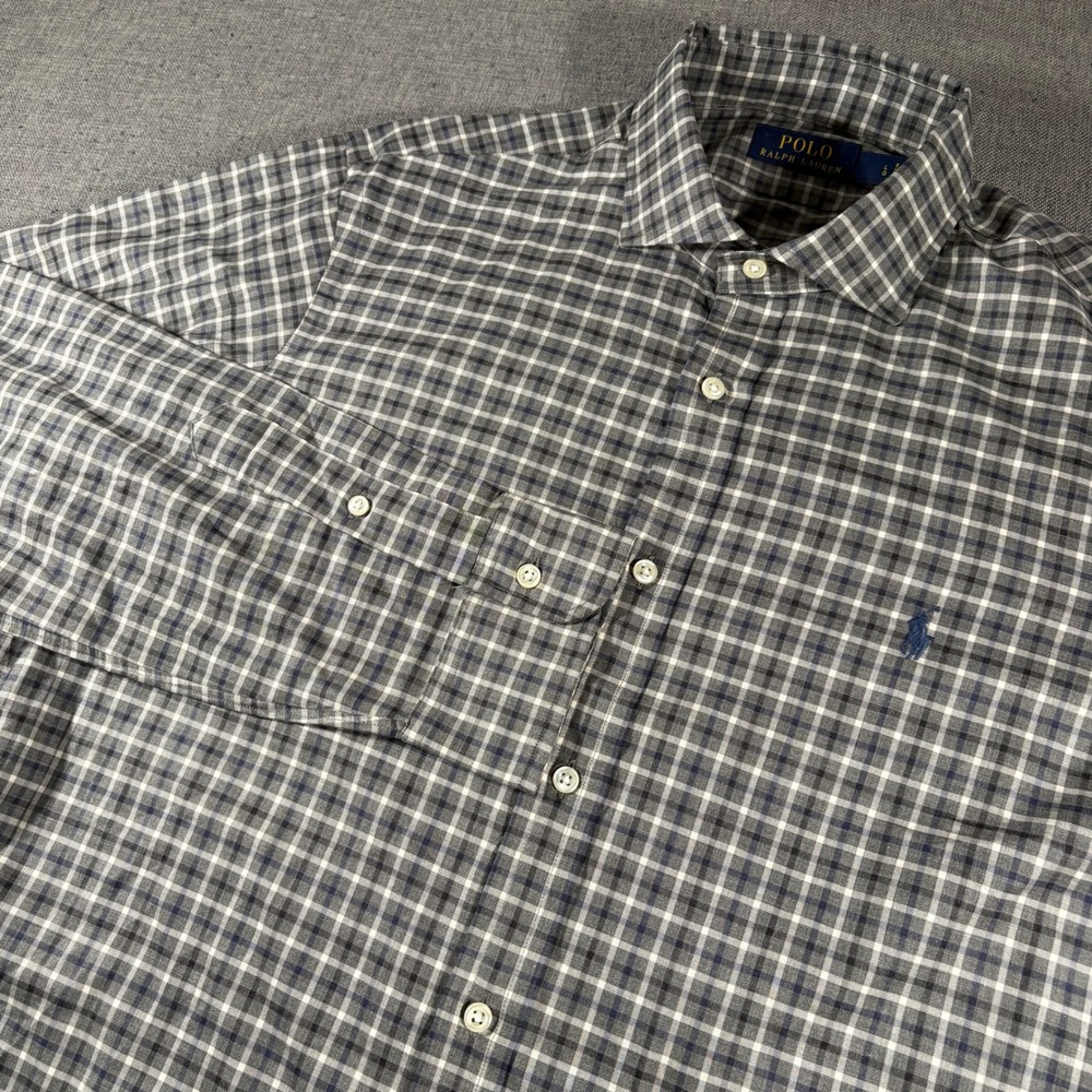 Polo Ralph Lauren Button‎ Down Mens Large Grey Blue Plaid Long Sleeve Pony Logo